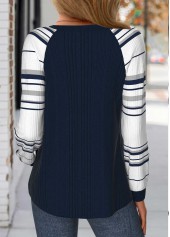 Navy tops,Striped tops,Geometric tops,ROTITA Patchwork Striped Navy Round Neck Long Sleeve Sweatshirt