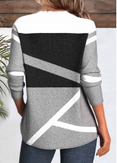 Grey tops,Geometric tops,ROTITA Patchwork Geometric Print Grey Round Neck T Shirt