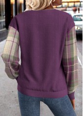 Purple plus size,Plaid plus size,ROTITA Plus Size Button Purple Plaid Split Neck Sweatshirt