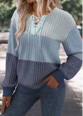 Blue tops,Plain Color tops,ROTITA Patchwork Blue Lace Up Collar Long Sleeve Sweatshirt
