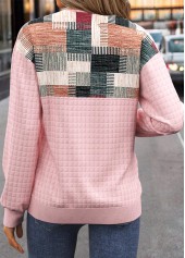 Pink tops,Geometric tops,ROTITA Button Geometric Print Pink Split Neck Sweatshirt