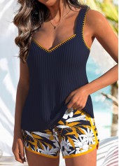 Navy swimwear,Plants swimwear,ROTITA Patchwork Navy Tropical Plants Print Tankini Set