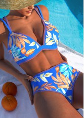 Sky Blue swimwear,Plants swimwear,ROTITA Circular Ring Sky Blue Floral Print Bikini Set