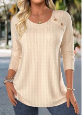 Beige tops,Plain Color tops,ROTITA Lace Beige Round Neck Long Sleeve T Shirt
