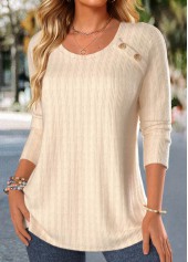 Beige tops,Plain Color tops,ROTITA Lace Beige Round Neck Long Sleeve T Shirt