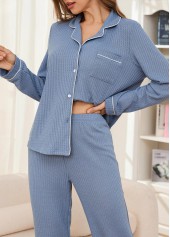 Dusty Blue loungewear,Contrast Color loungewear,Dusty Blue Shirt Collar Lounge Top and Pants