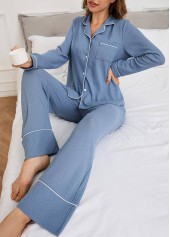 Dusty Blue loungewear,Contrast Color loungewear,Dusty Blue Shirt Collar Lounge Top and Pants