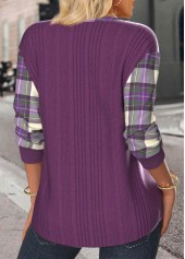 Purple tops,Plaid tops,ROTITA Button Plaid Purple Split Neck Long Sleeve Sweatshirt