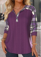 Purple tops,Plaid tops,ROTITA Button Plaid Purple Split Neck Long Sleeve Sweatshirt