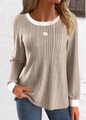Light Coffee tops,Plain Color tops,ROTITA Patchwork Light Coffee Round Neck Long Sleeve Sweatshirt