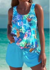 Cyan swimwear,Animal Print swimwear,ROTITA Tie Cyan Marine Life Print Tankini Set