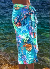 Cyan swimwear,Animal Print swimwear,ROTITA Bowknot Cyan Marine Life Print Cover Up