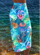 Cyan swimwear,Animal Print swimwear,ROTITA Bowknot Cyan Marine Life Print Cover Up
