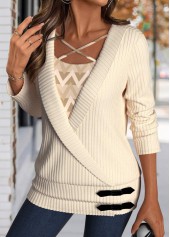 Beige tops,Geometric tops,ROTITA Surplice Geometric Print Beige V Neck Long Sleeve Blouse