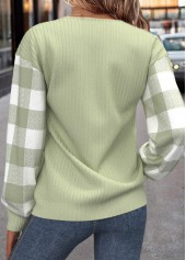 Light Green tops,Plaid tops,ROTITA Patchwork Plaid Light Green Round Neck Long Sleeve Sweatshirt