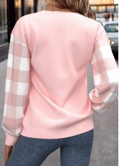 Light Pink tops,Plaid tops,ROTITA Patchwork Plaid Light Pink Turn Down Collar Sweatshirt
