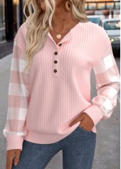 Light Pink tops,Plaid tops,ROTITA Patchwork Plaid Light Pink Turn Down Collar Sweatshirt