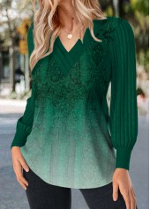 Green tops,Ombre tops,ROTITA Patchwork Ombre Green V Neck Long Sleeve T Shirt