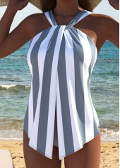 Grey swimwear,Striped swimwear,Geometric swimwear,ROTITA Criss Cross Grey Striped One Piece Swimwear