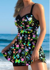 Multi Color swimwear,Floral swimwear,Plants swimwear,ROTITA Surplice Multi Color Floral Print Swimdress and Shorts