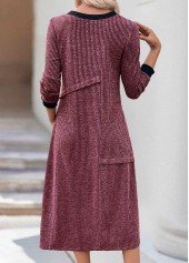 Wine Red dresses,Plain Color dresses,Everyday dresses,Casual dresses,ROTITA Patchwork Wine Red A Line Round Neck Dress