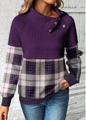 sweat-shirt à manches longues à col asymétrique violet à carreaux patchwork rotita