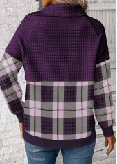 Purple tops,Plaid tops,ROTITA Patchwork Plaid Purple Asymmetrical Neck Long Sleeve Sweatshirt