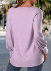 Light Purple tops,Plain Color tops,ROTITA Embroidery Light Purple Round Neck Long Sleeve T Shirt