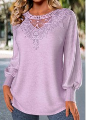 Light Purple tops,Plain Color tops,ROTITA Embroidery Light Purple Round Neck Long Sleeve T Shirt