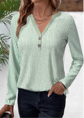 Light Green tops,Striped tops,Geometric tops,ROTITA Button Striped Light Green Split Neck T Shirt