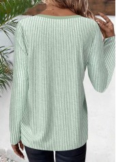 Light Green tops,Striped tops,Geometric tops,ROTITA Button Striped Light Green Split Neck T Shirt