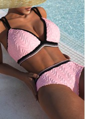 Light Pink swimwear,Contrast Color swimwear,ROTITA Contrast Binding Light Pink Jacquard Bikini Set