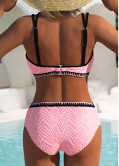 Light Pink swimwear,Contrast Color swimwear,ROTITA Contrast Binding Light Pink Jacquard Bikini Set