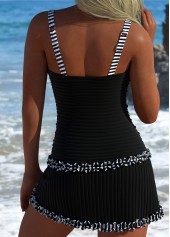 Black swimwear,Striped swimwear,Geometric swimwear,ROTITA Contrast Binding Black Striped Tankini Set