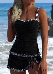 Black swimwear,Striped swimwear,Geometric swimwear,ROTITA Contrast Binding Black Striped Tankini Set