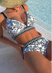 Black swimwear,Floral swimwear,Plants swimwear,ROTITA Patchwork Black Floral Print Bikini Set
