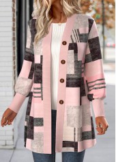 Light Pink tops,Geometric tops,ROTITA Button Geometric Print Light Pink Long Sleeve Coat