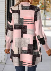 Light Pink tops,Geometric tops,ROTITA Button Geometric Print Light Pink Long Sleeve Coat