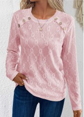 Pink tops,Plain Color tops,ROTITA Button Pink Round Neck Long Sleeve T Shirt