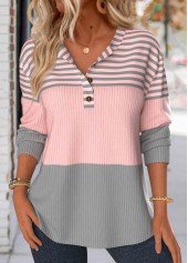 ROTITA Button Striped Light Pink Split Neck Long Sleeve Sweatshirt