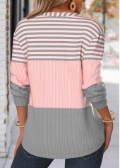 Light Pink tops,Striped tops,Geometric tops,ROTITA Button Striped Light Pink Split Neck Long Sleeve Sweatshirt