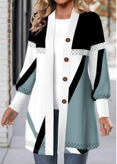 Multi Color plus size,Geometric plus size,ROTITA Plus Size Button Multi Color Geometric Print Coat