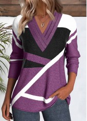 ROTITA Button Geometric Print Purple V Neck T Shirt