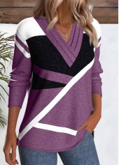 Purple tops,Geometric tops,ROTITA Button Geometric Print Purple V Neck T Shirt