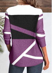 Purple tops,Geometric tops,ROTITA Button Geometric Print Purple V Neck T Shirt