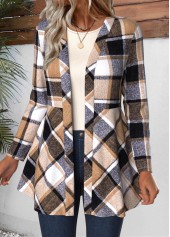 Light Coffee tops,Plaid tops,Geometric tops,ROTITA Plaid Light Coffee Long Sleeve Coat