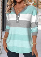 Mint Green tops,Striped tops,Geometric tops,ROTITA Patchwork Striped Mint Green Split Neck Long Sleeve Sweatshirt