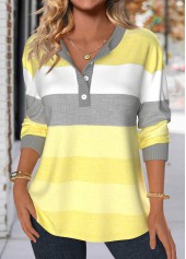 sweat-shirt à manches longues et col fendu jaune clair à rayures patchwork rotita
