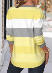 Light Yellow tops,Striped tops,Geometric tops,ROTITA Patchwork Striped Light Yellow Split Neck Long Sleeve Sweatshirt