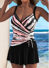 Black swimwear,Striped swimwear,Geometric swimwear,ROTITA Surplice Black Striped One Piece Swimdress